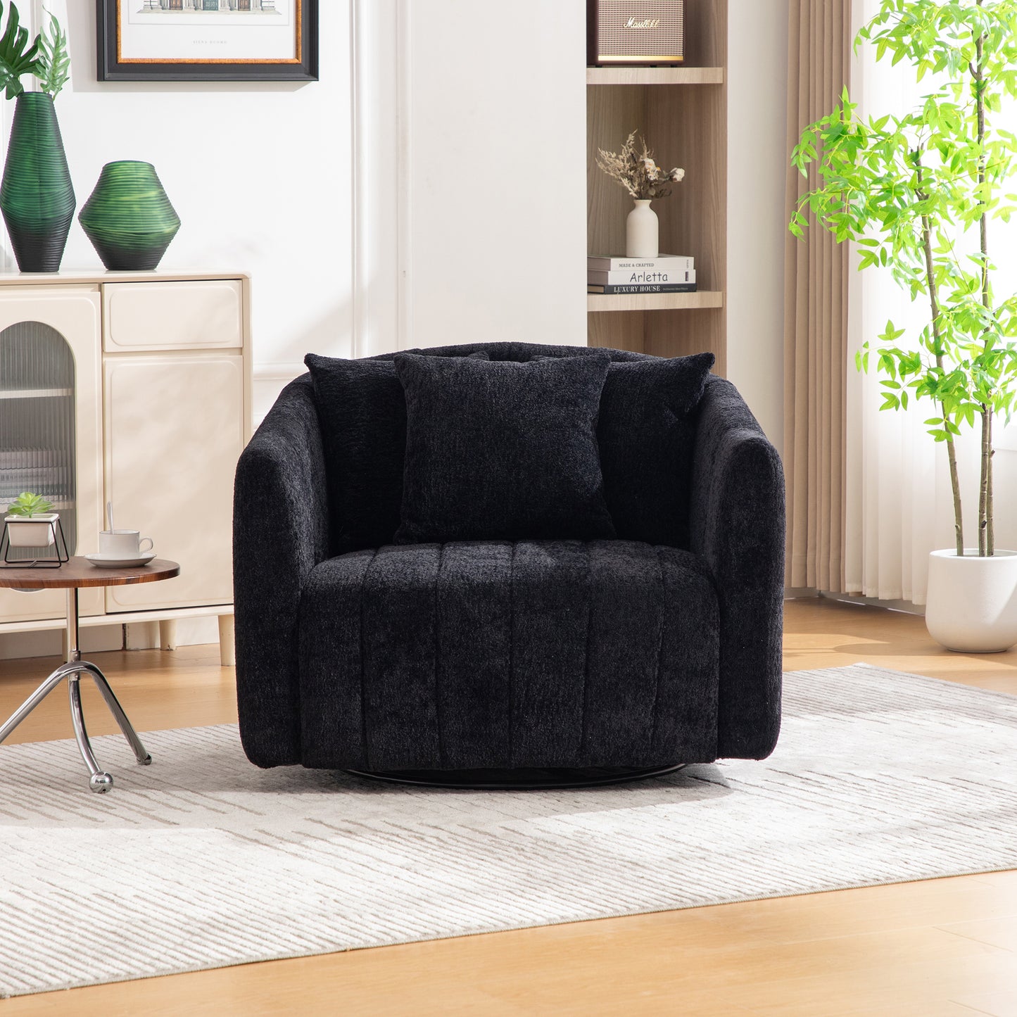 Oversized 360° Swivel Accent Barrel Chair with Pillows - Black