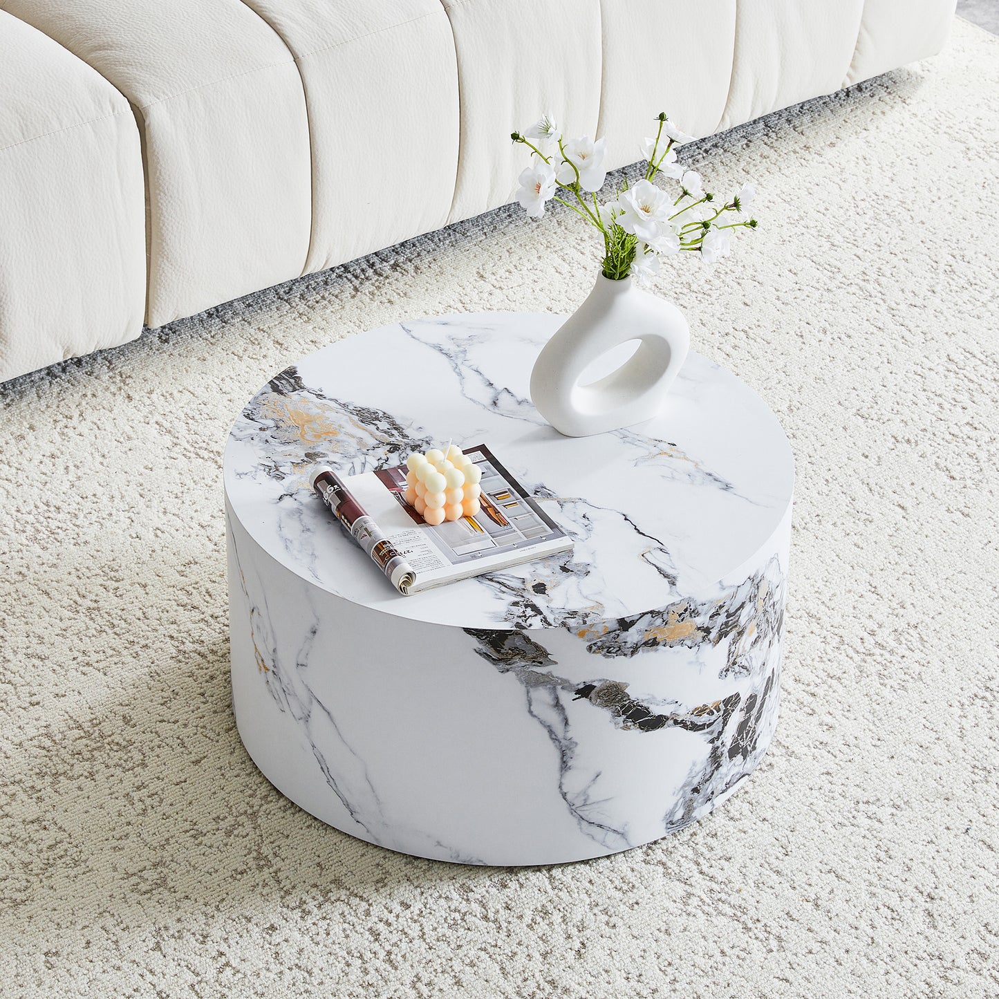 Simple White MarbleTexture Round MDF Coffee Table,23.6inDiameter