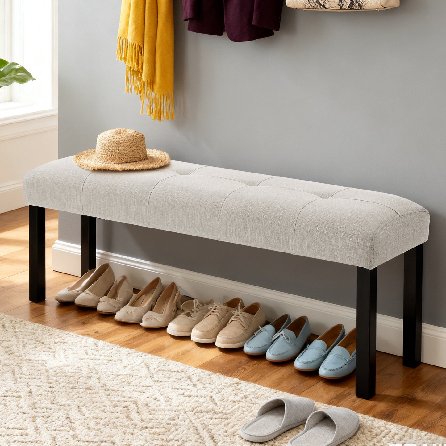 Modern Tufted Linen Dining Bench, Farmhouse Upholstered Entryway