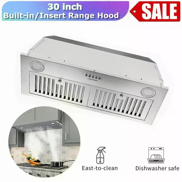 30-Inch Built-In Range Hood 600 CFM Kitchen Vent with LEDs and Convertible Fan
