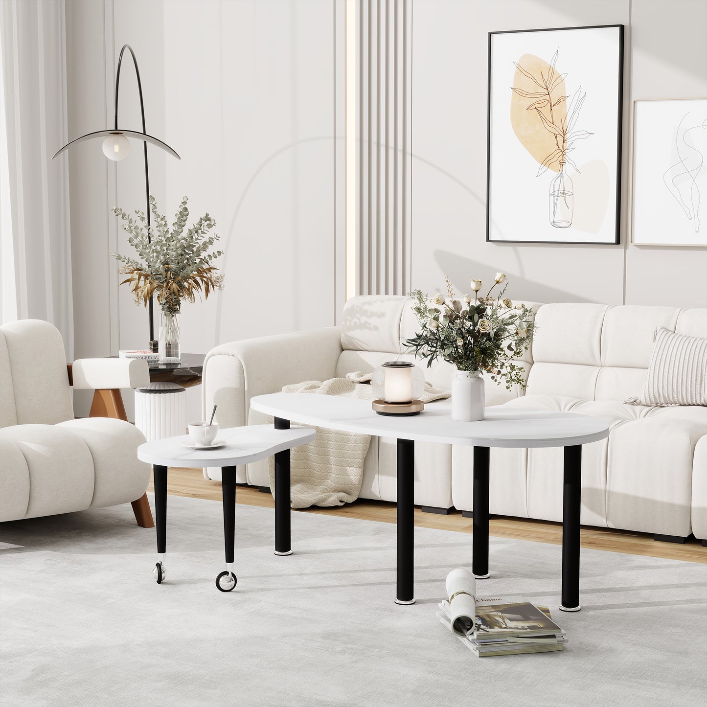 Contemporary Rotatable Cocktail Table With Solid Rubber Wood Legs,