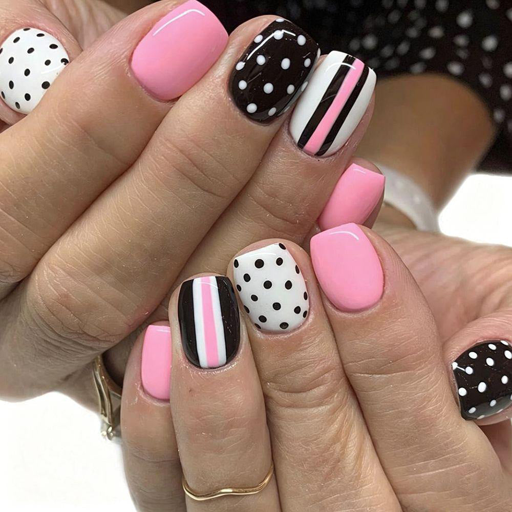 24 Pcs Pink Short Square Nail Stickers with Black Dots & Stripes Nail Art Kit