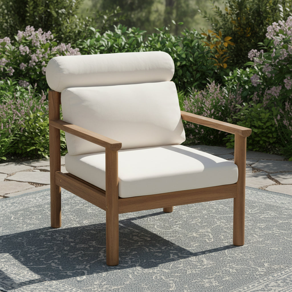 28-Inch Mid-Century Modern Acacia Wood Outdoor Chair with Cushions