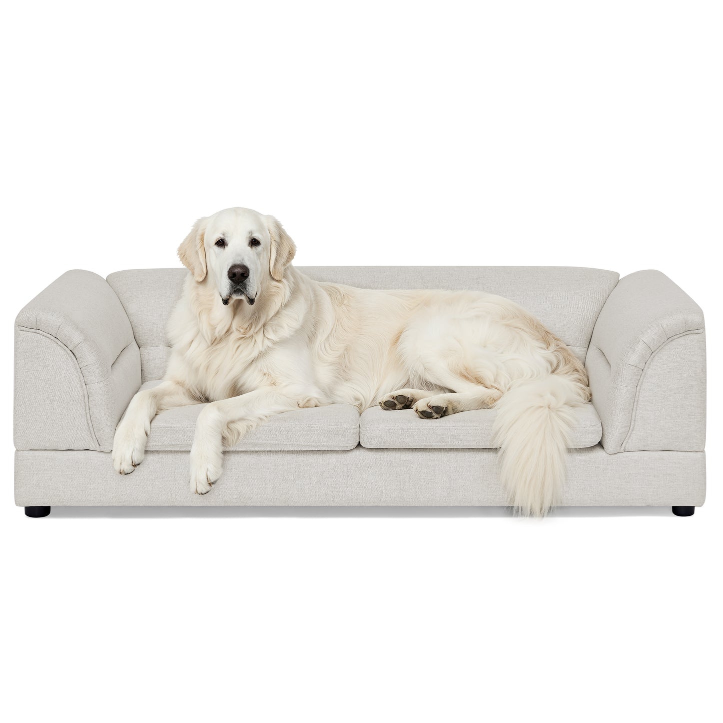 Oversized Pet Sofa Bed with Curved Armrest in Linen Fabric for Large Dogs - Beige