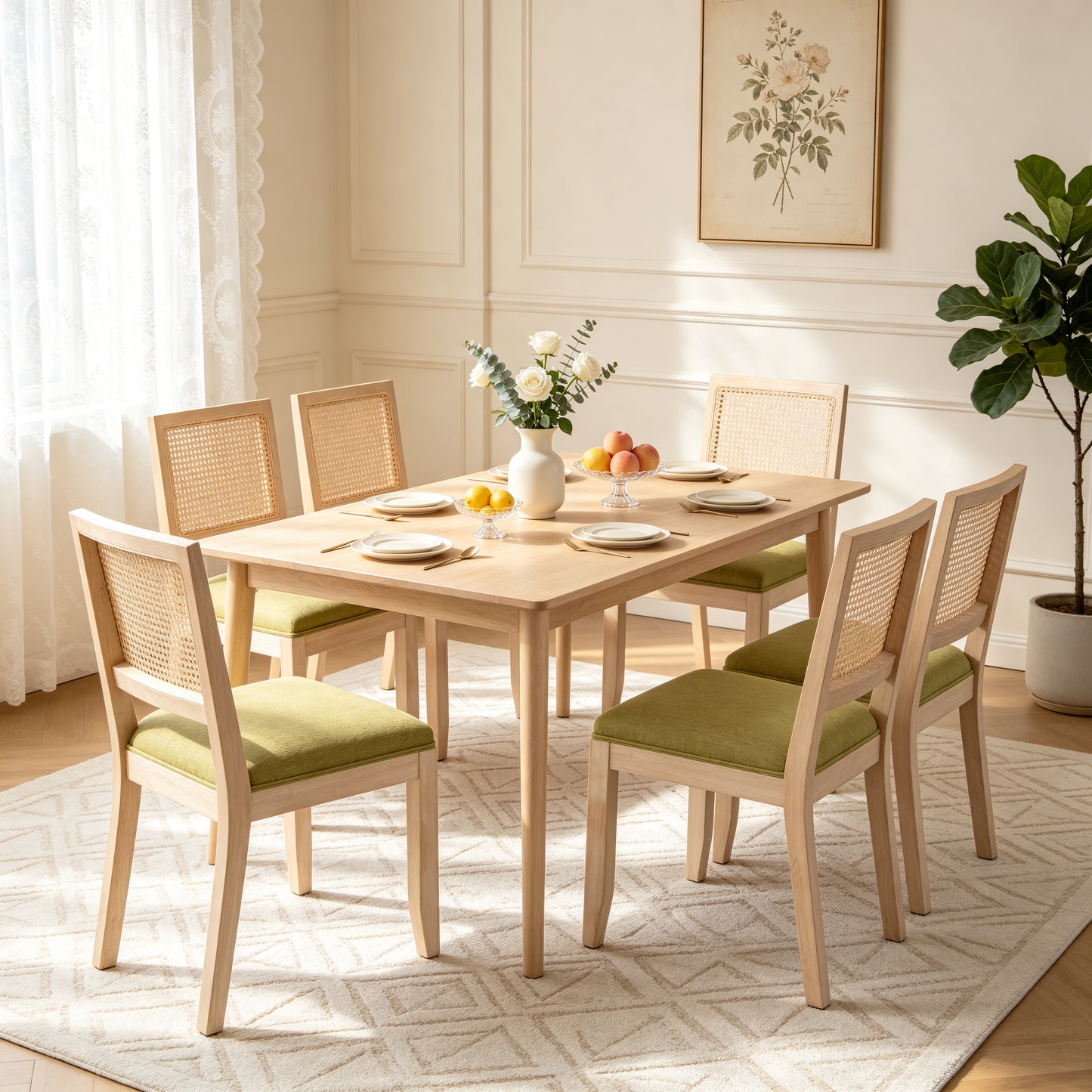 Olive Green Rattan Dining Chairs Set of 2 - Mid Century Modern
