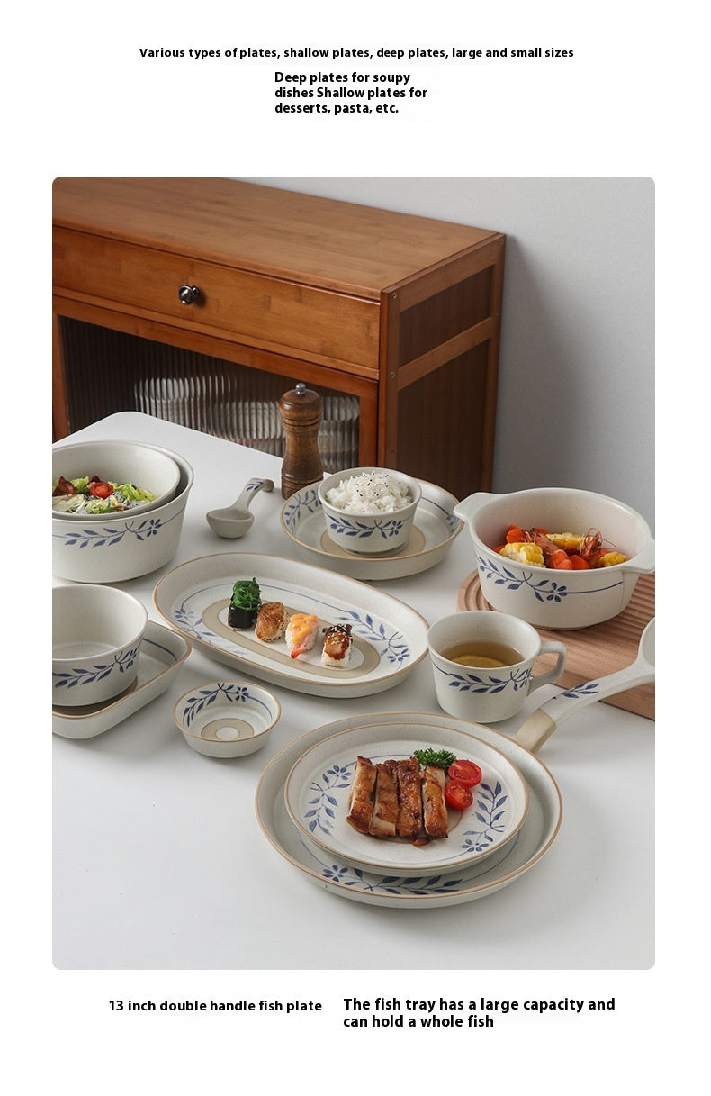 Retro Simple Rice Bowl Set - Household Kitchen Dinnerware with Flower Pattern