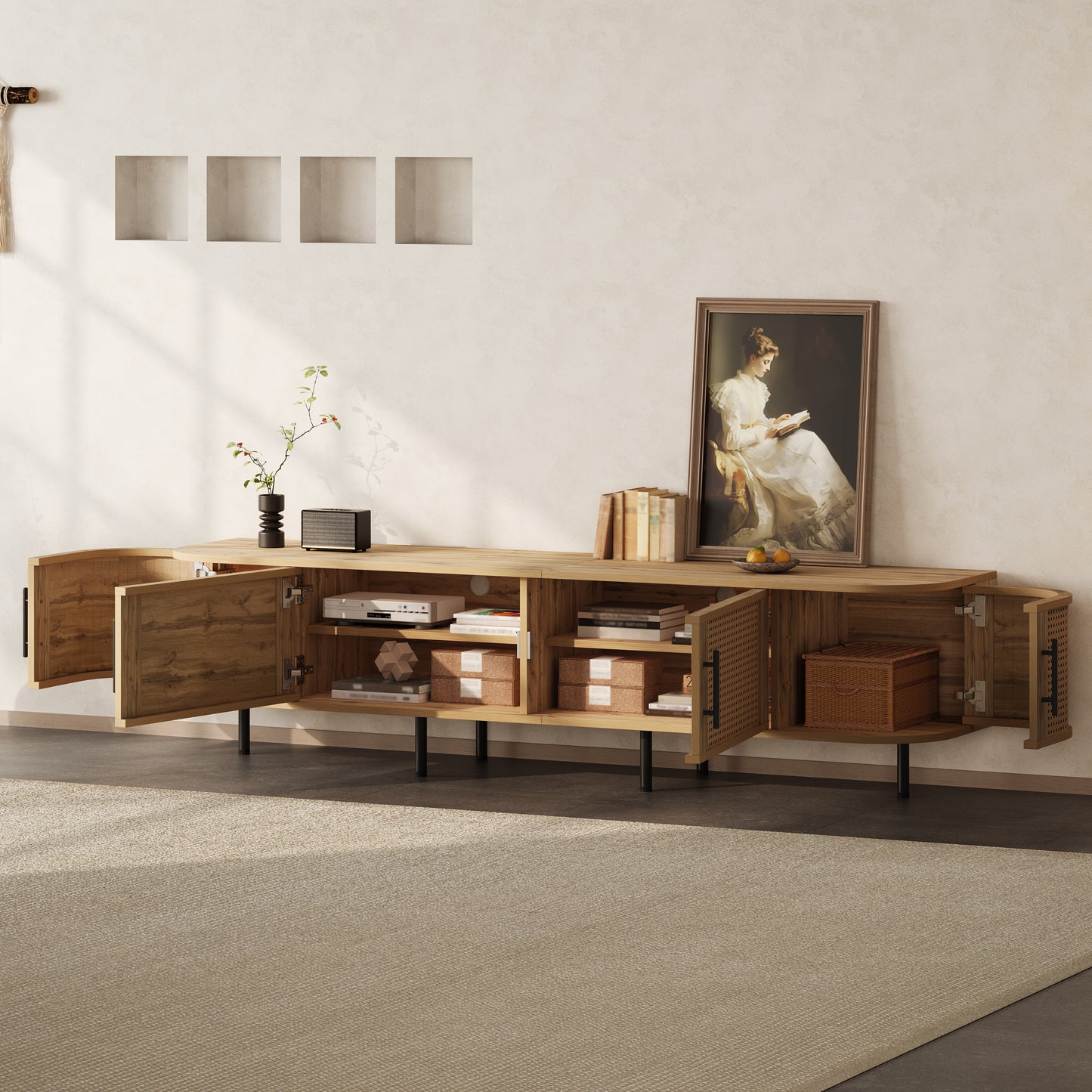 70-Inch Modern TV Stand with Rattan Doors for 80-Inch TVs