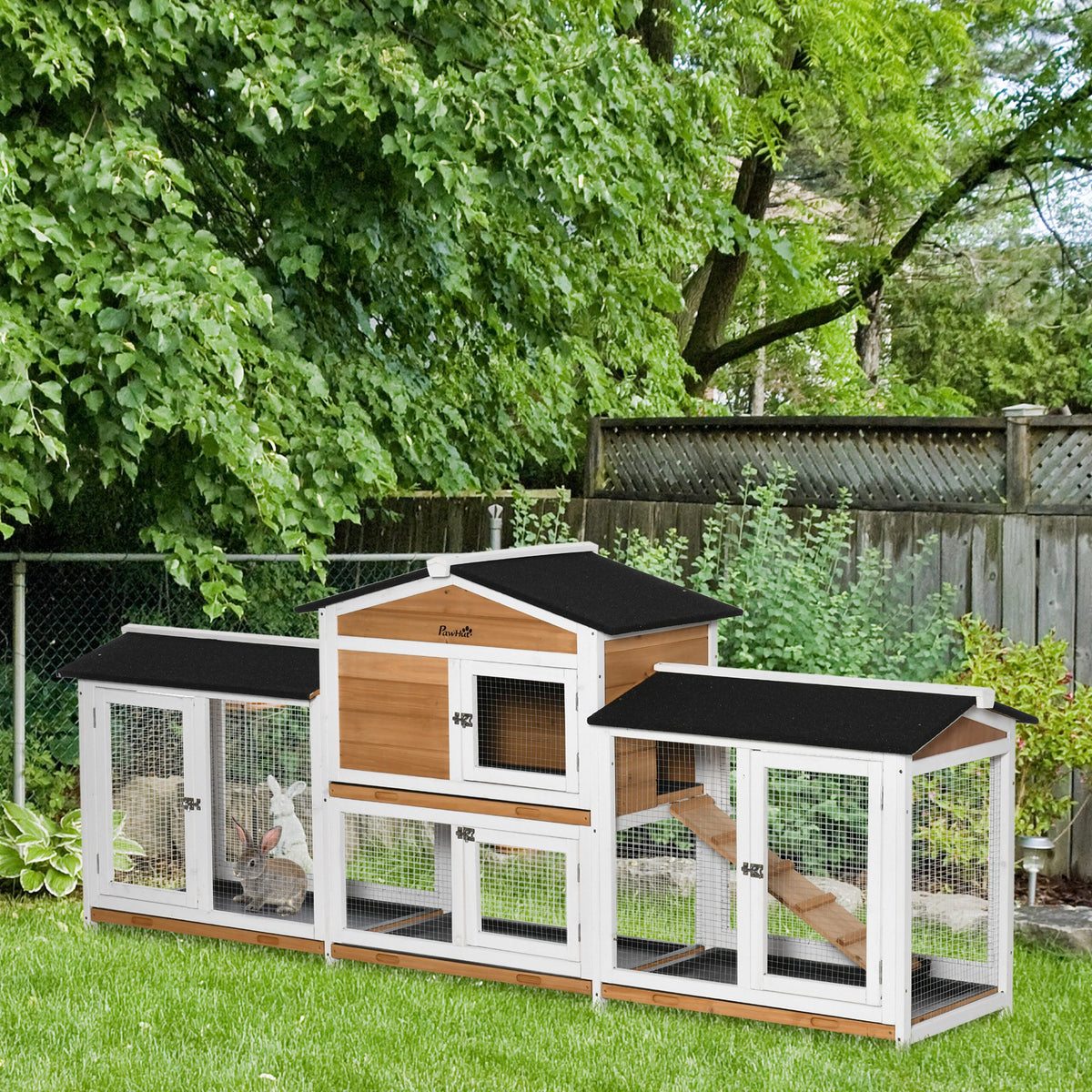 Wooden Bunny Hutch with Double Run & Ramp - 90.5 Inches Pet Cage for Rabbits & Small Animals, White