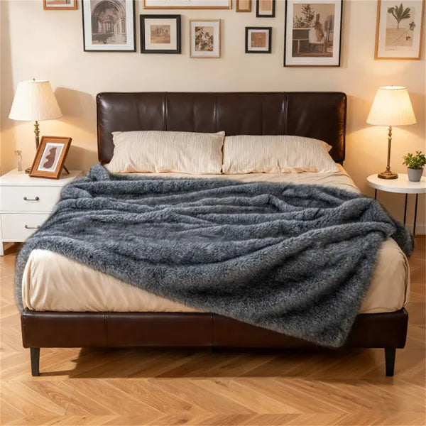 Gray Faux Wolf Fur Throw Blanket - Soft Fleece, 60"x80"