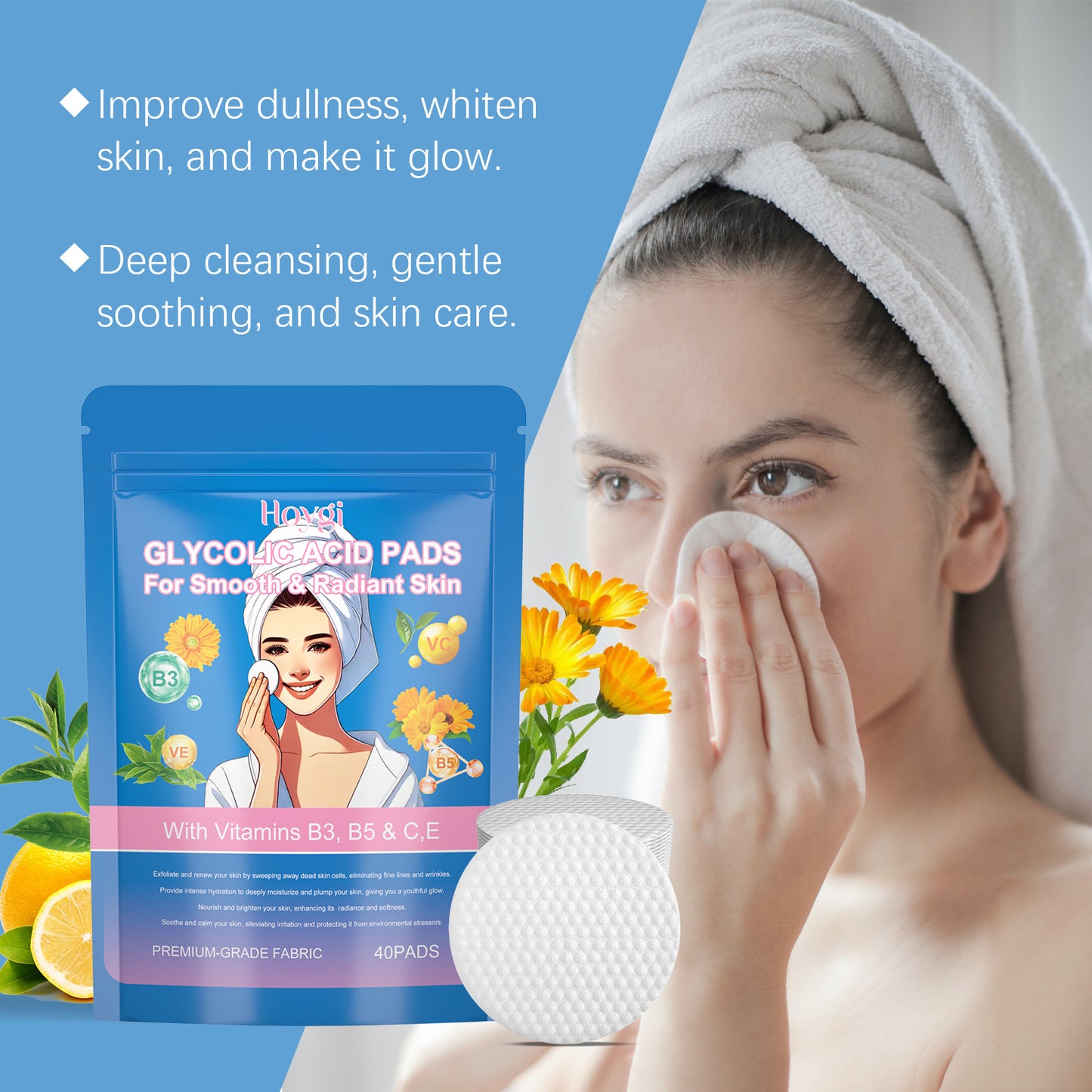 Glycolic Acid Facial Cleansing Cotton Pads - Deep Skin Rejuvenation, 40 Pads