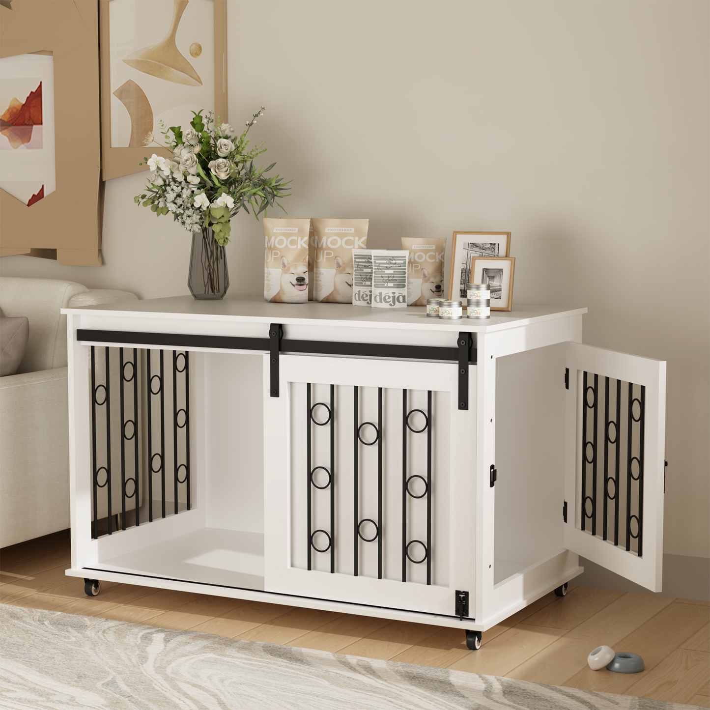 Modern Wooden Dog Crate with Sliding Barn Door – White
