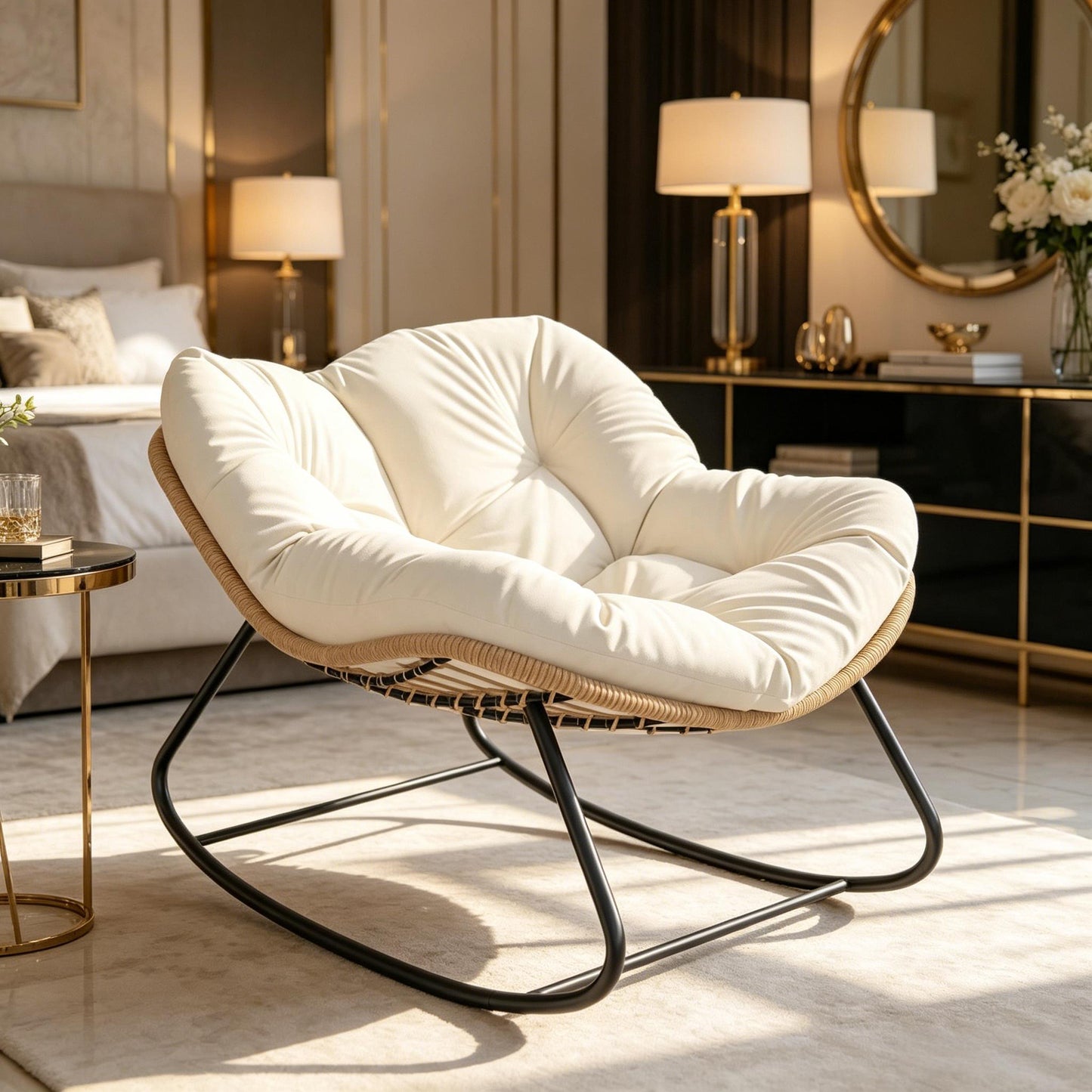 Oversized Rocking Egg Chair with Cushion - Beige Outdoor Seating