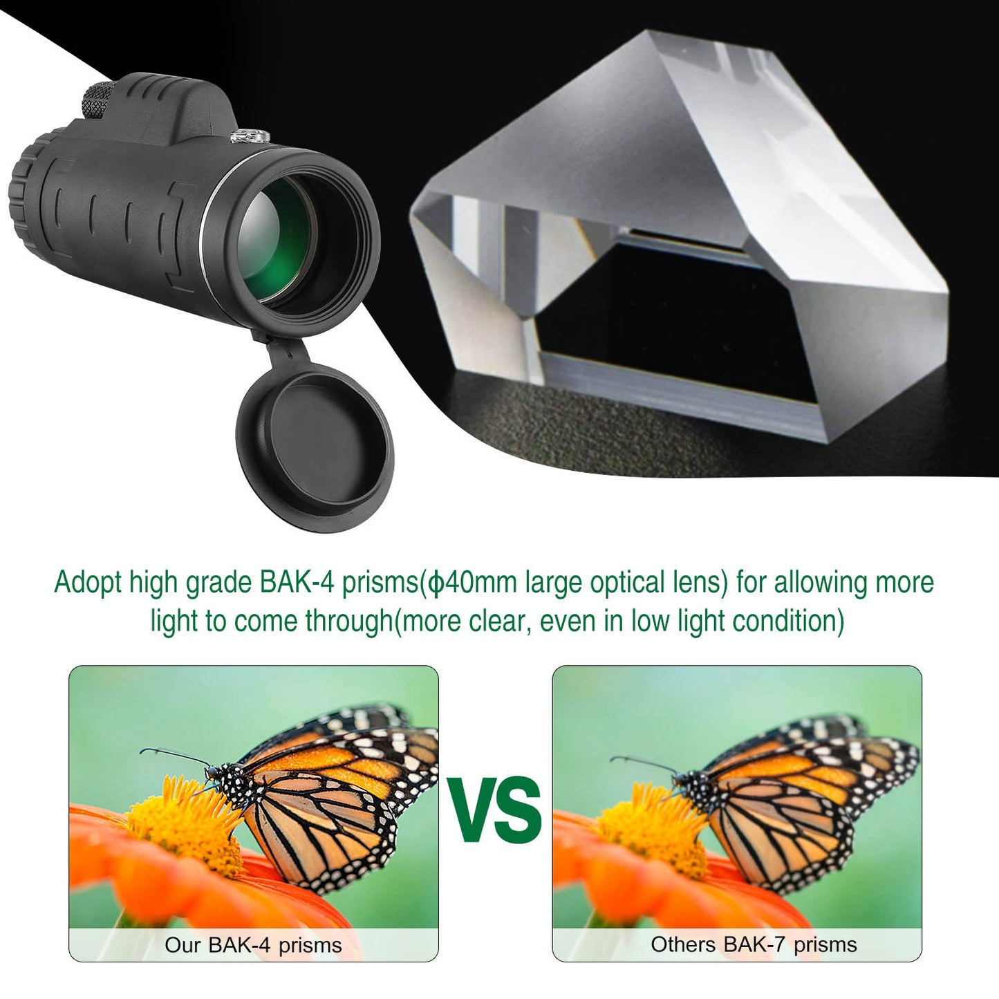 40x40 HD Monocular Telescope with Tripod & Phone Holder - Black