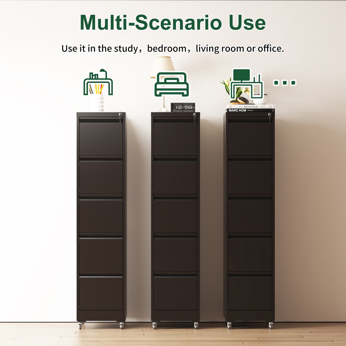 5 Drawer Metal Vertical File Cabinet With Lock On Wheels For Home