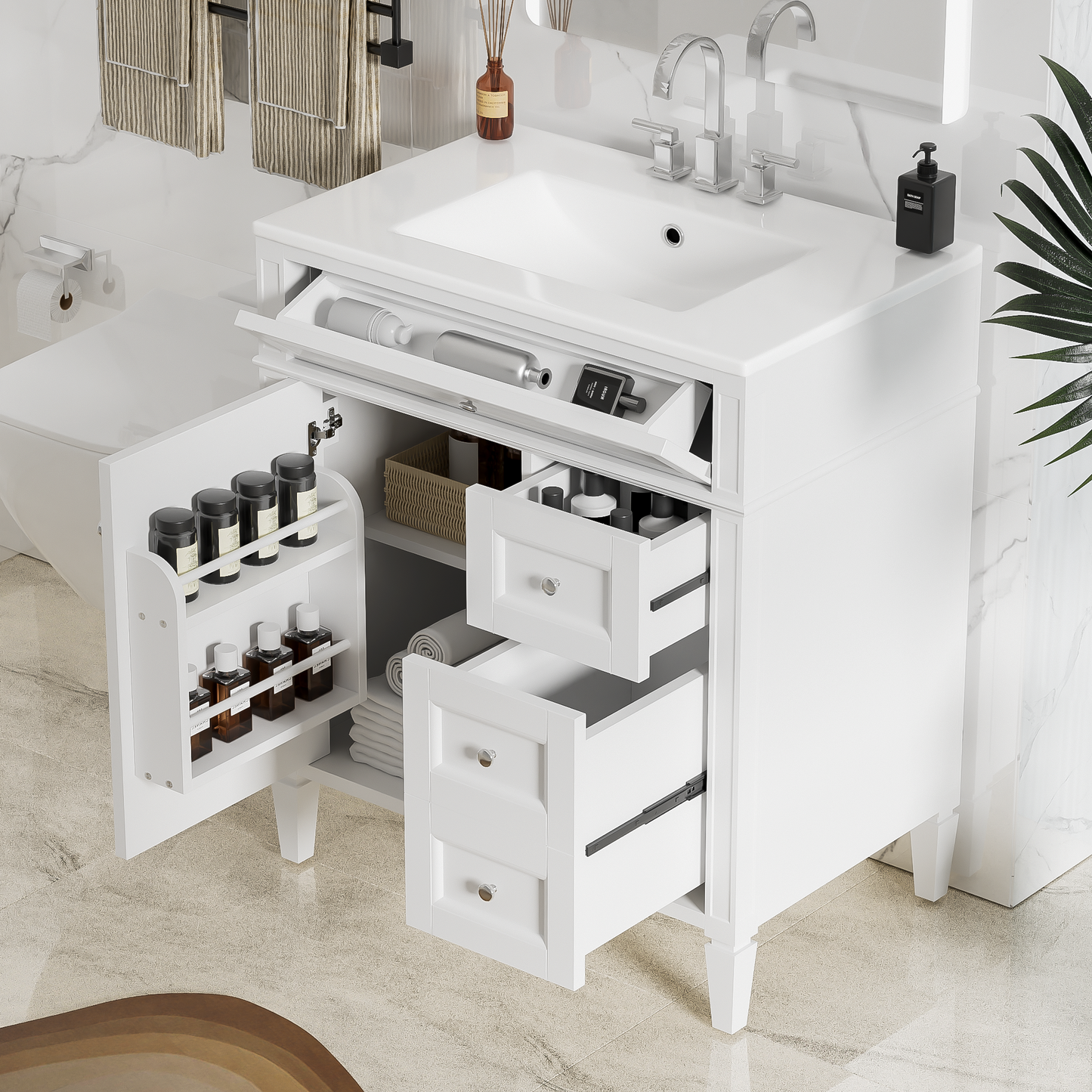30'' Modern Bathroom Vanity with Top Sink & 2 Drawers - White