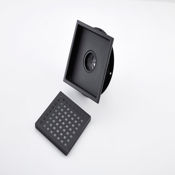6 Inch Square Shower Drain with Removable Grate Stainless Steel Hair Strainer Matte Black