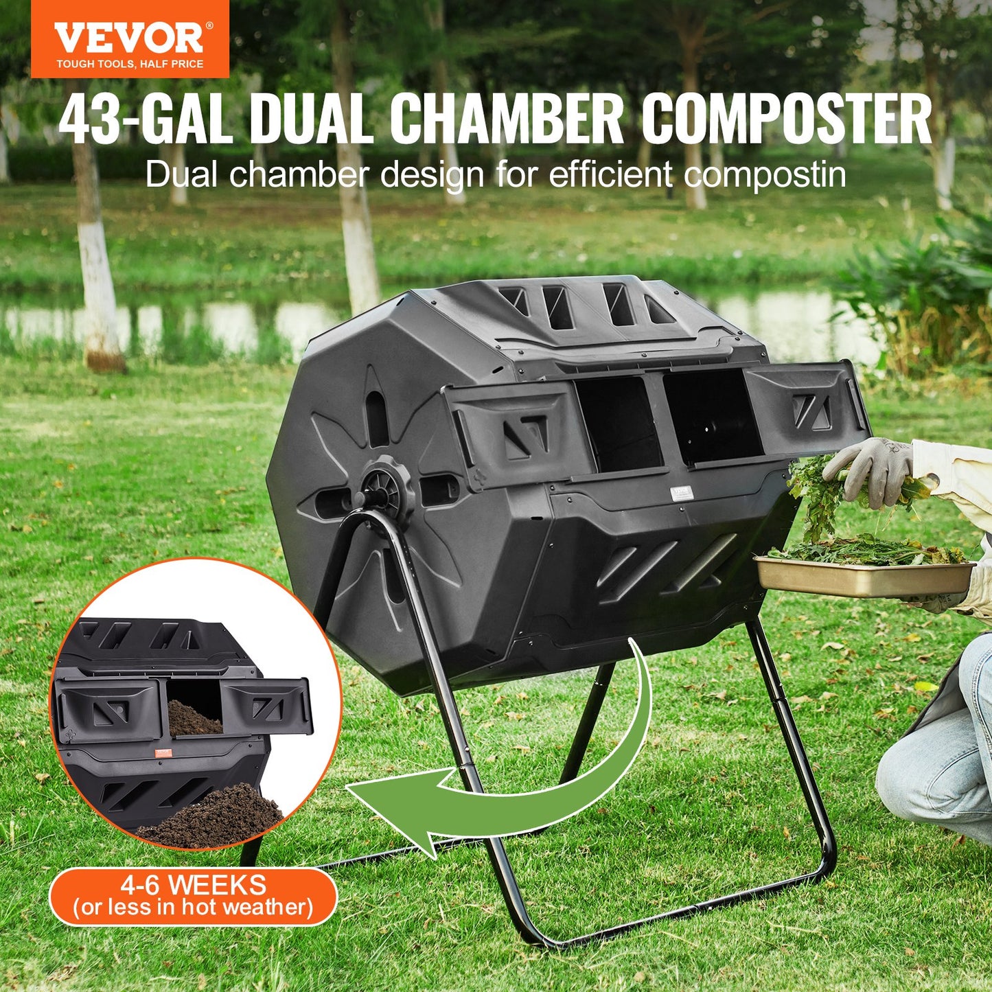 43-Gallon Dual Chamber Compost Bin with Sliding Doors - Large Garden Tumbler, Black