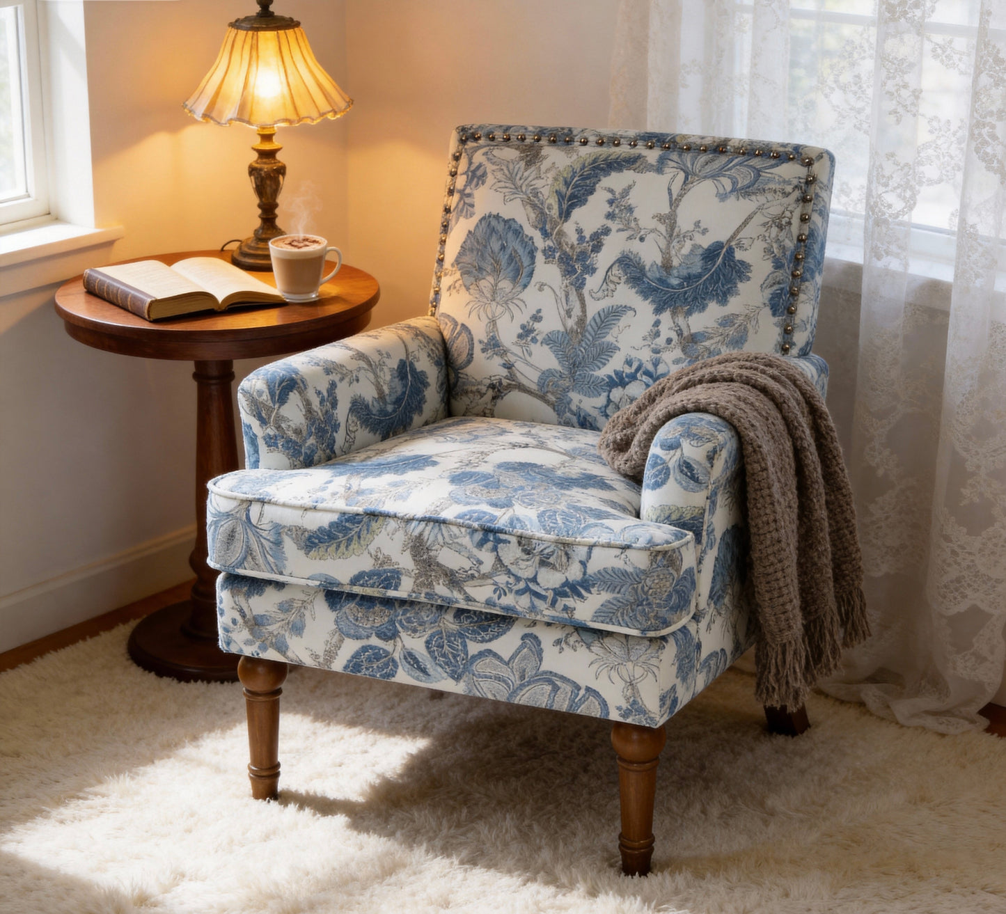 Floral Accent Chair with Nailhead Trim - Blue & White