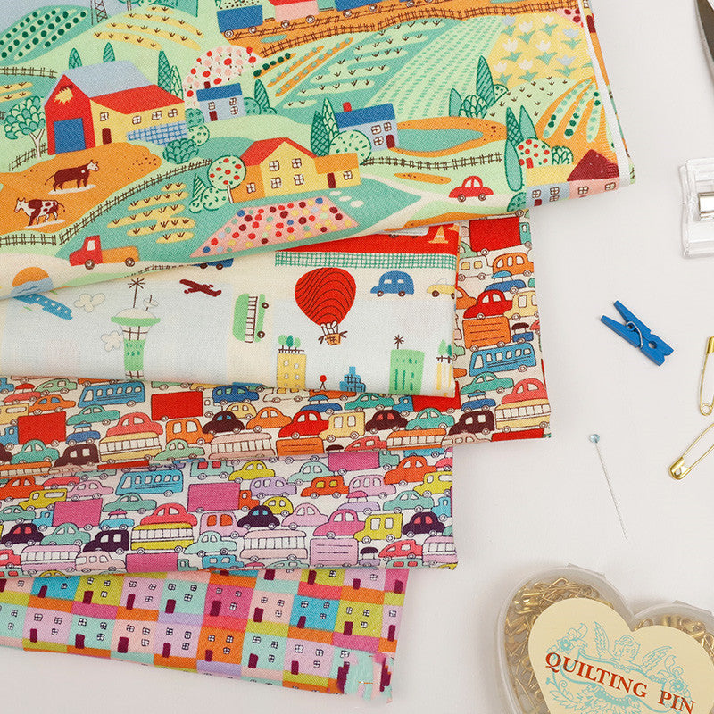 Cotton Fabric for Arts & Crafts - Cartoon Car & House Design, 45x110cm