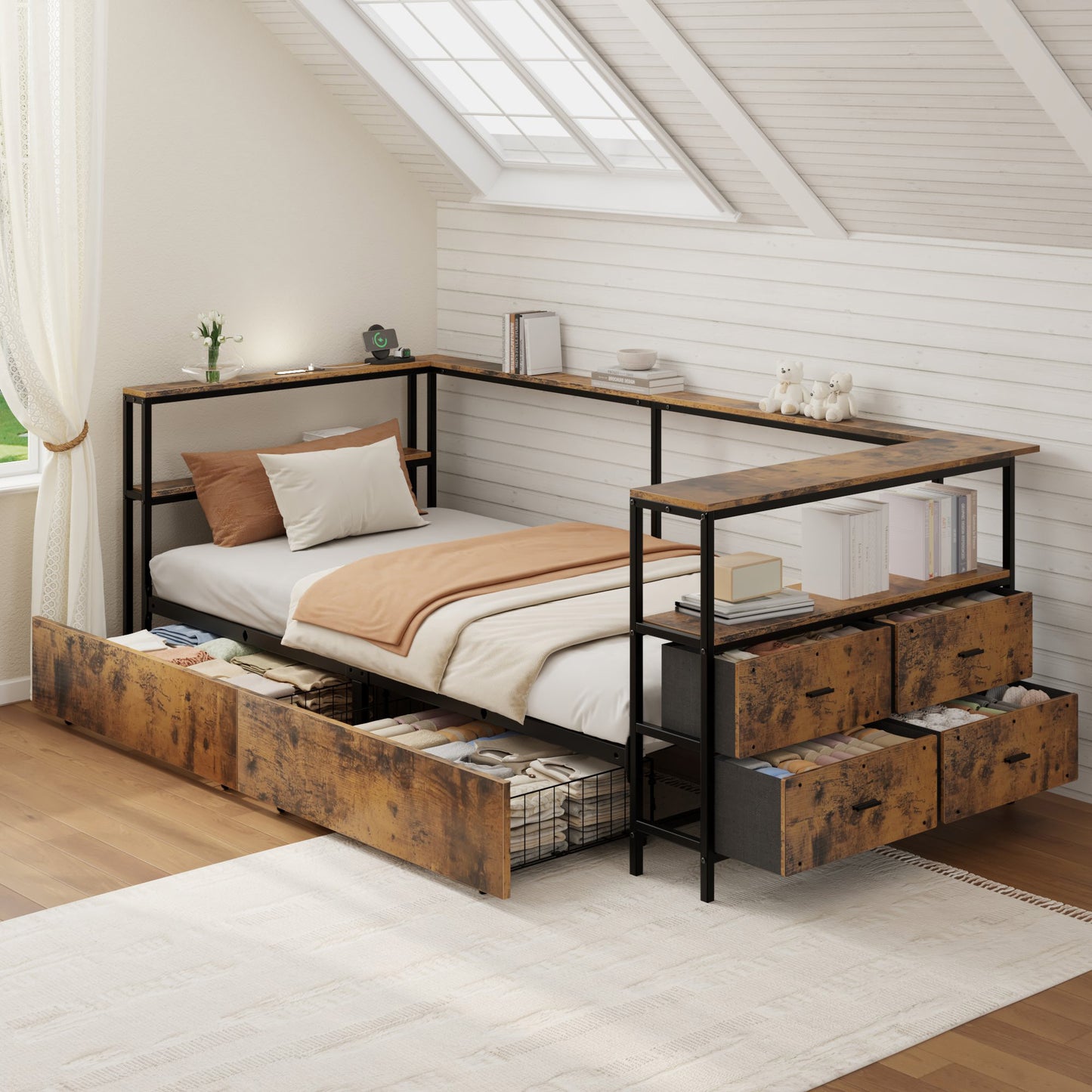 Twin Corner Daybed with Storage Drawers - Black Metal Frame
