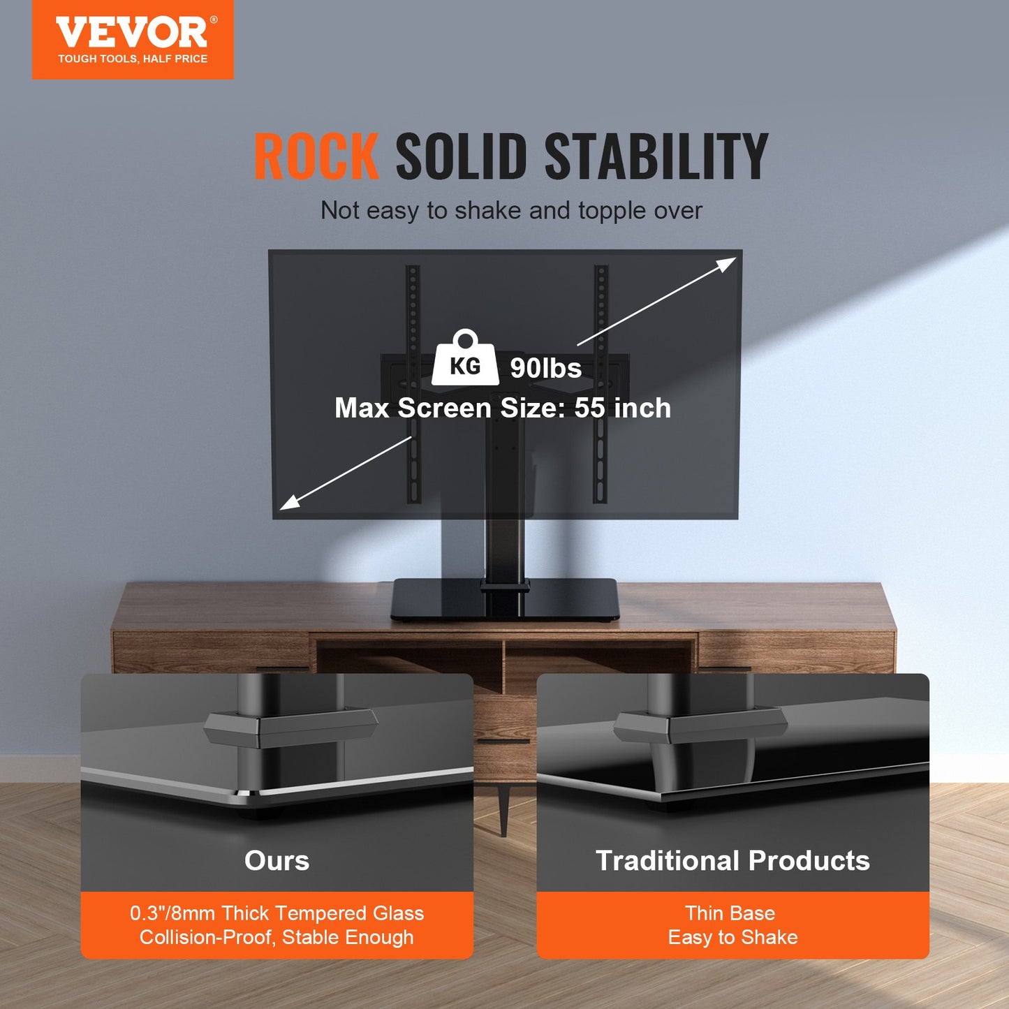 Swivel TV Stand for 32-55 Inch TVs - Height Adjustable with Glass Base