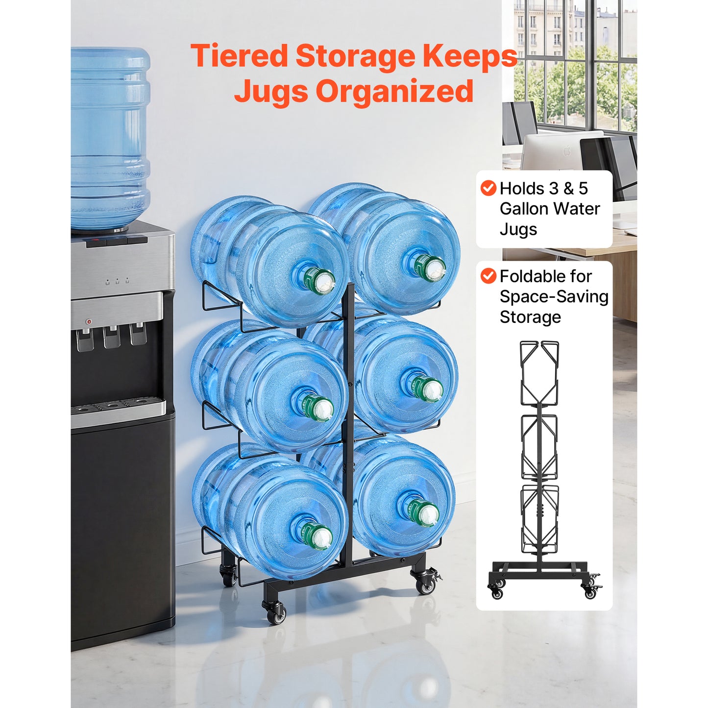 Heavy Duty Water Jug Holder Rack - 3 Tiers for 3 & 5 Gallon Bottles, Foldable with Casters & Handles, Kitchen & Office Organizer