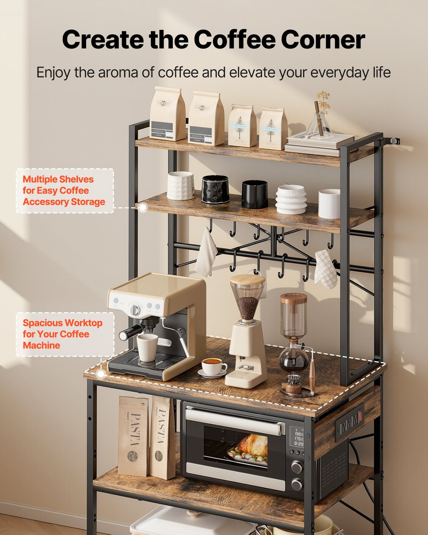 5 Ft Kitchen Bakers Rack with Power Outlet and Hooks - Black Steel Stand for Kitchen Storage