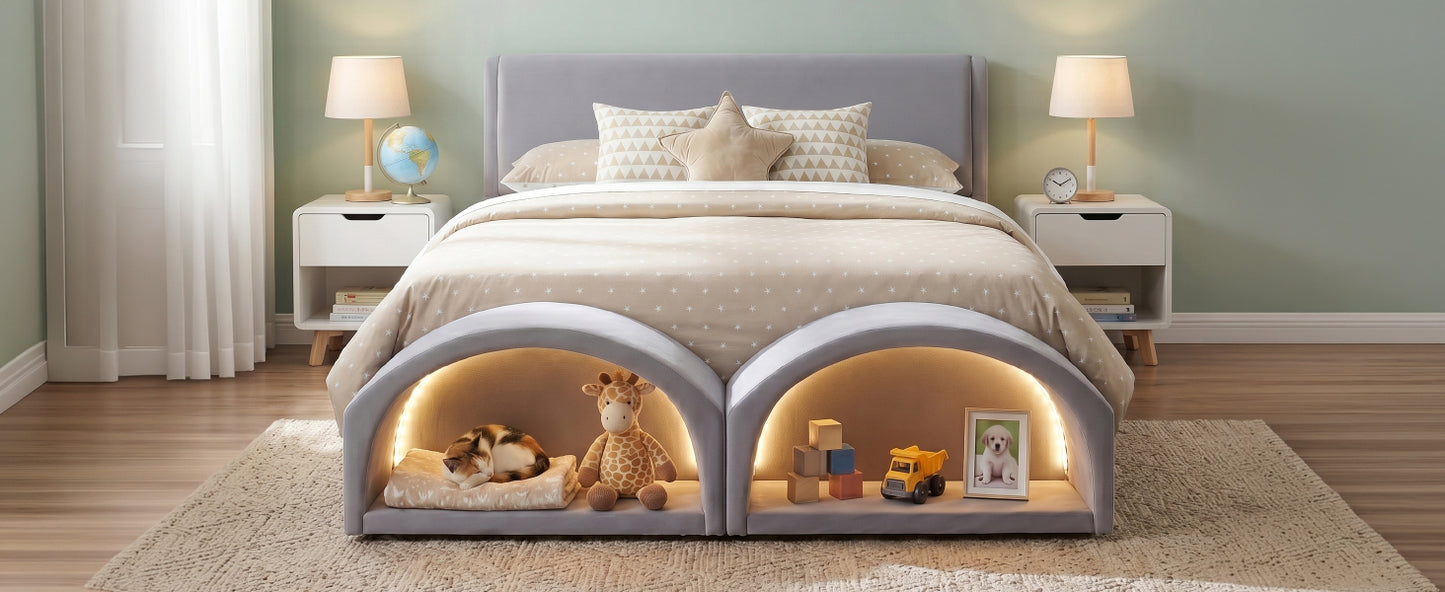 Queen Size Upholstered Platform Bed Frame with Dual Cat Caves & LED Pet Nests - Gray