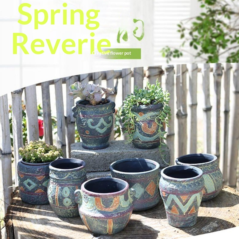 Mediterranean-Style Hand-Painted Ceramic Succulent Pot - Rustic Flower Planter