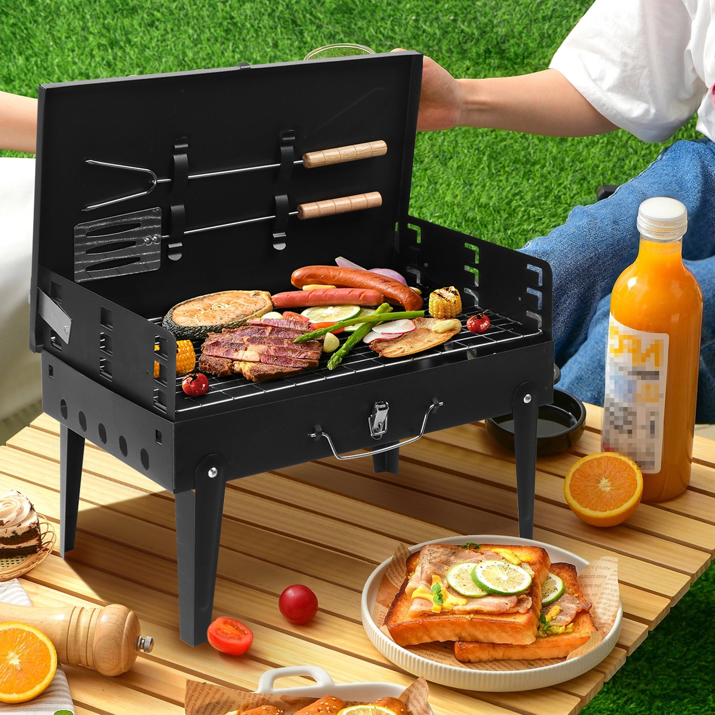 Portable Square Charcoal Grill with Adjustable Height - Black