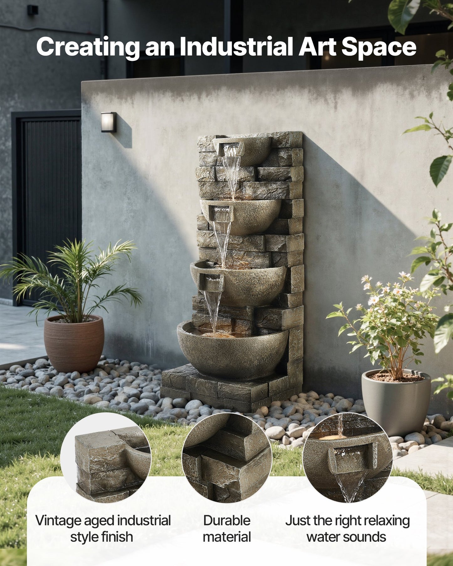Outdoor 4-Tier Water Fountain Garden Decor - 35.6 Inch Stack Style, Grey