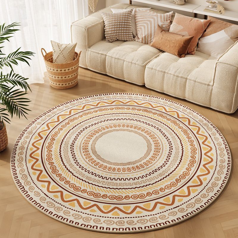 Bohemian Round Rug - Geometric Pattern, Machine Washable, Home Floor Mat