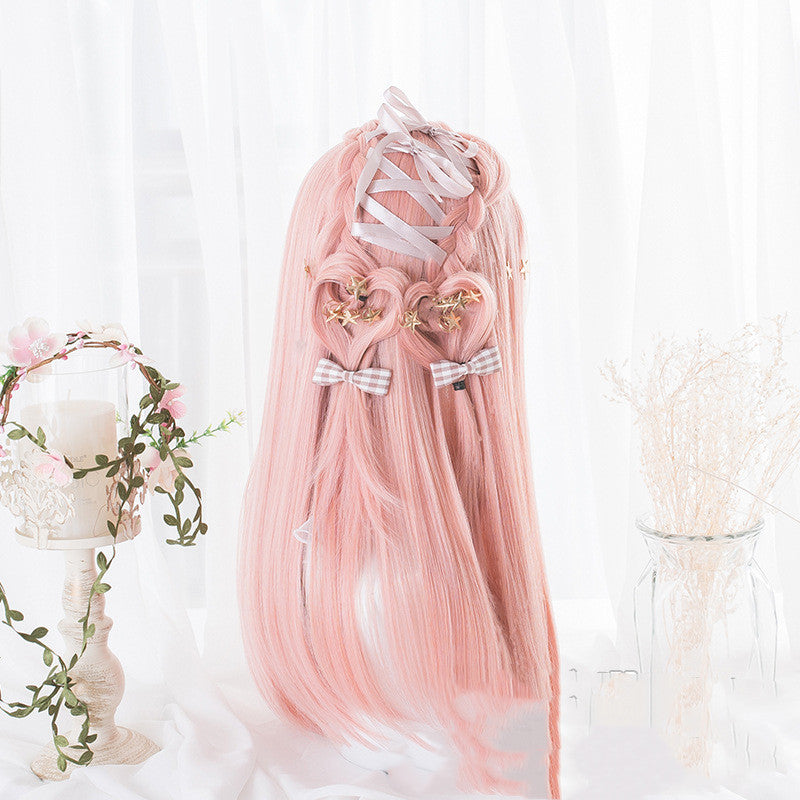 Long Curly Hair Wig with Bangs - Peach Powder