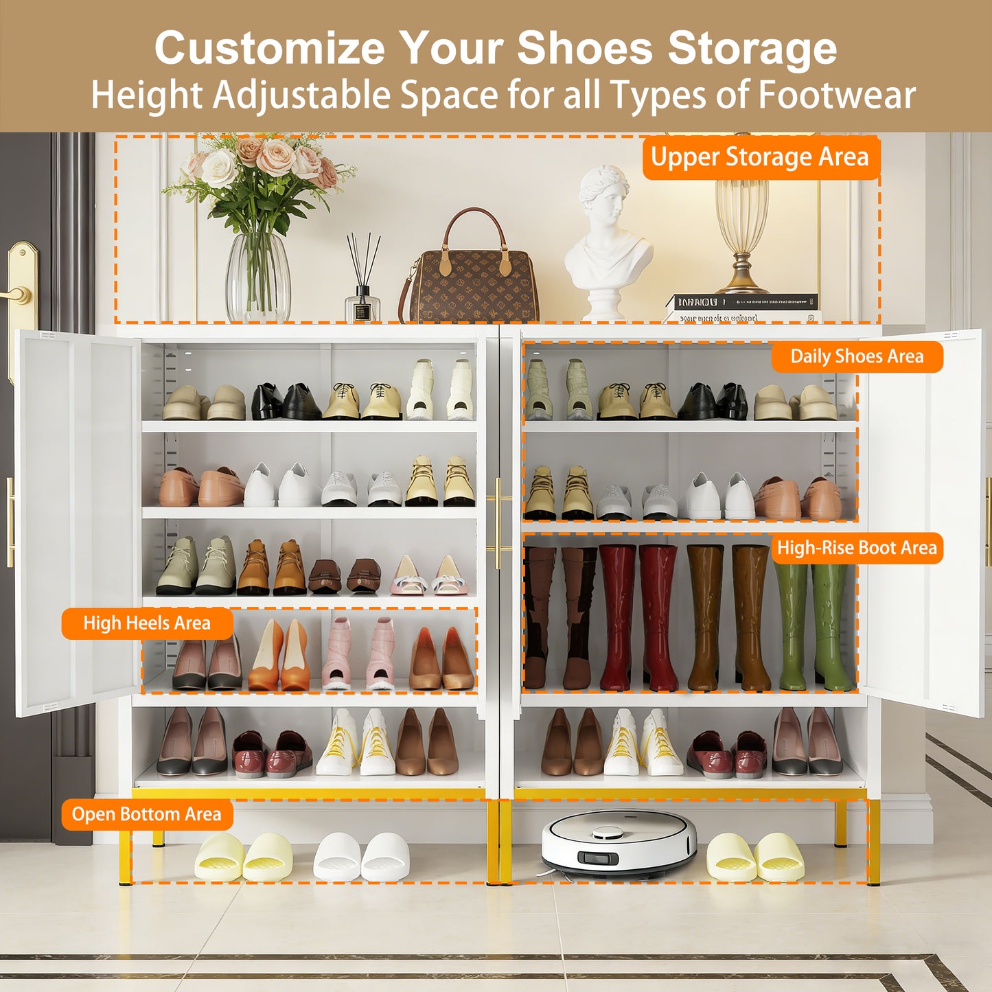 40-Inch Tall 2-Door Metal Shoe Cabinet - 7-Tier Organizer in White
