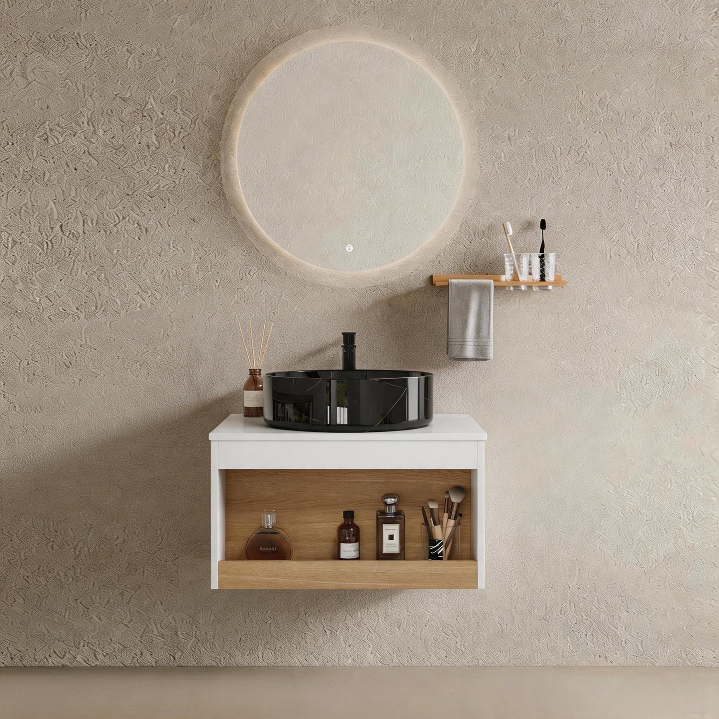 24" Floating Bathroom Vanity with Black Marble Vessel Sink