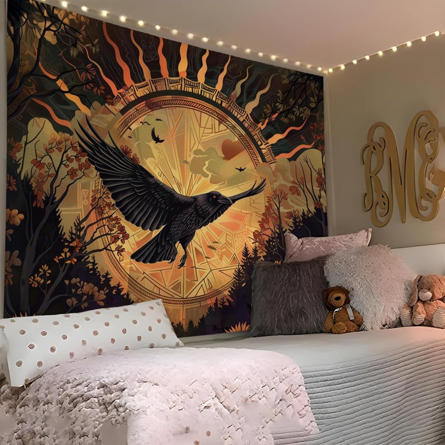 Halloween Raven Sunflower Tapestry - Gothic Wall Decor for Home & Garden