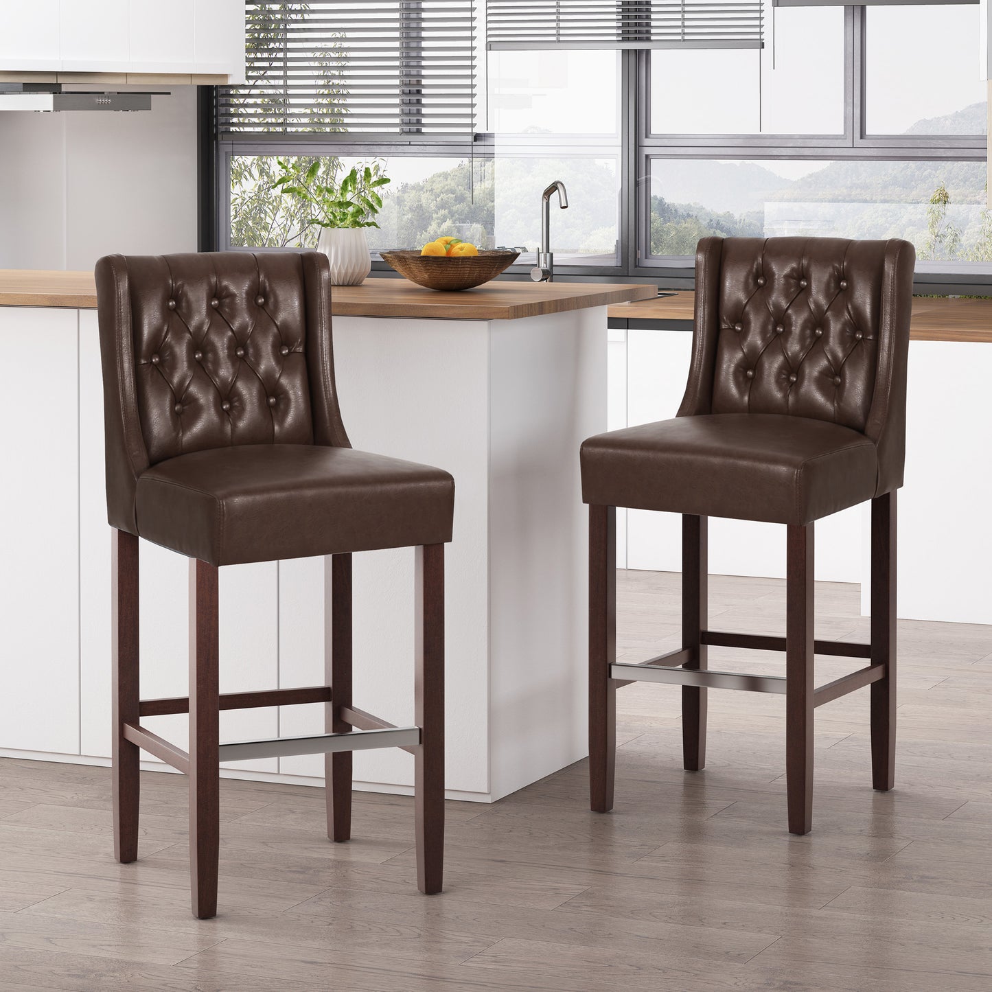 30.5-Inch Bar Stool with PU Upholstery & Metal Footrest - Dark Brown