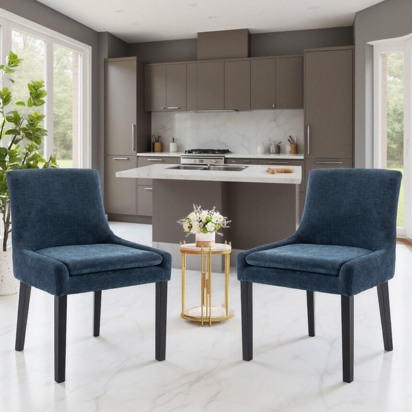 Upholstered Dining Chairs Set of 2 - Mid Back, Wood Legs
