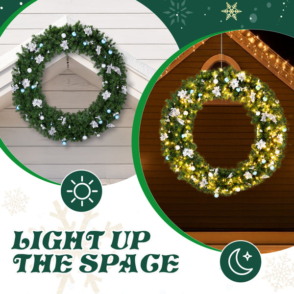 60-Inch Lighted Artificial Christmas Wreath with 220 LED Lights & DIY Ornaments - Green