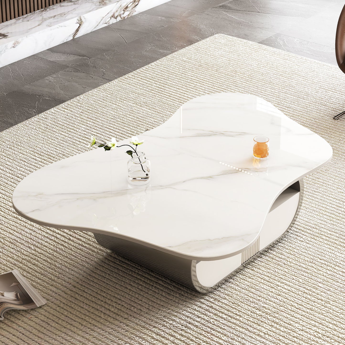 Modern Coffee Table with Sintered Stone Top & Storage Shelf - Grey White
