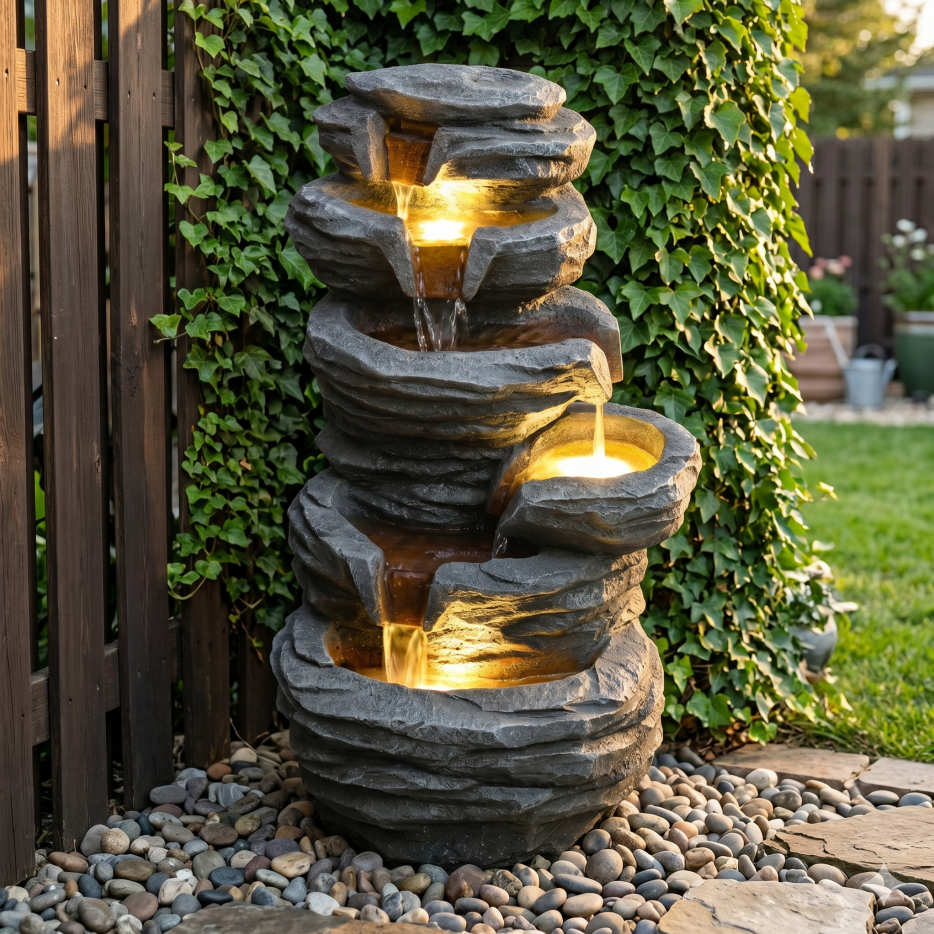Outdoor Waterfall Fountain with Lights - Cascading Rock Design for Garden Patio Yard