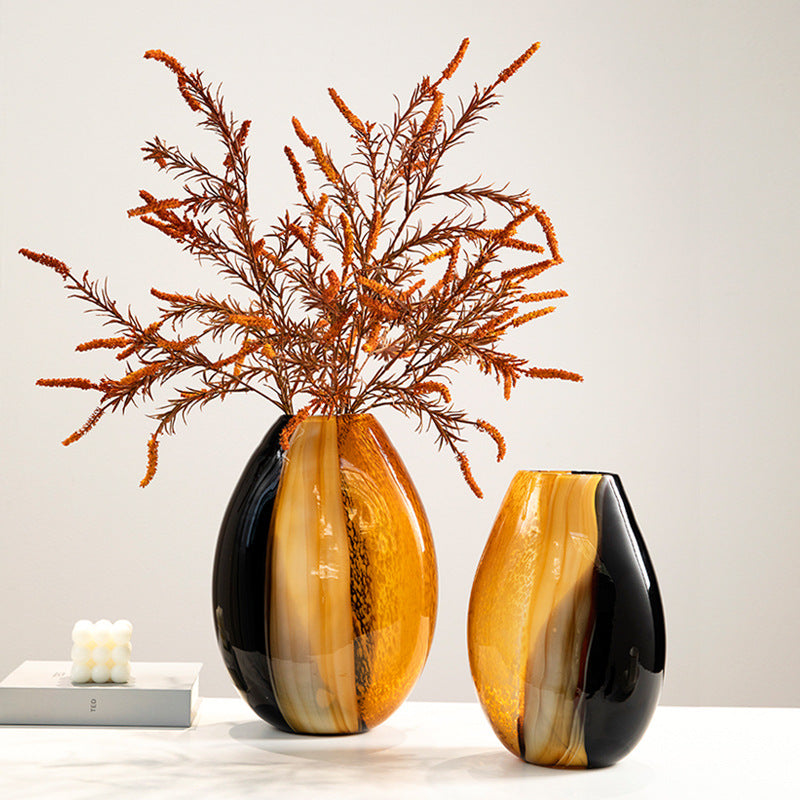 Black Orange Striped Glass Vase - Modern Decorative Home Centerpiece