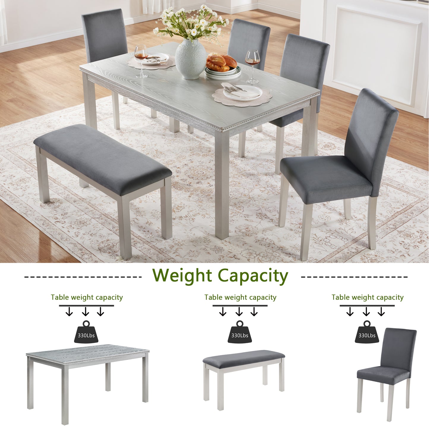 6-Piece Wooden Dining Table Set with Upholstered Chairs & Bench - Silver Grey