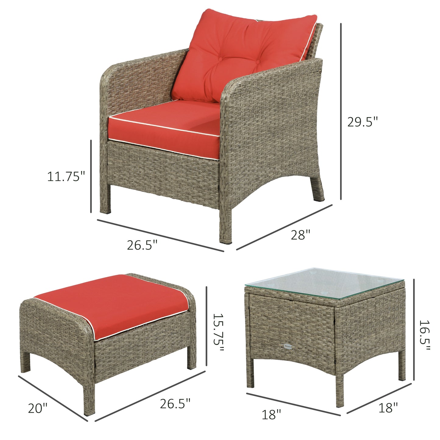 5-Piece Rattan Wicker Outdoor Lounge Chair Set with Cushions & Coffee Table - Brown/Red