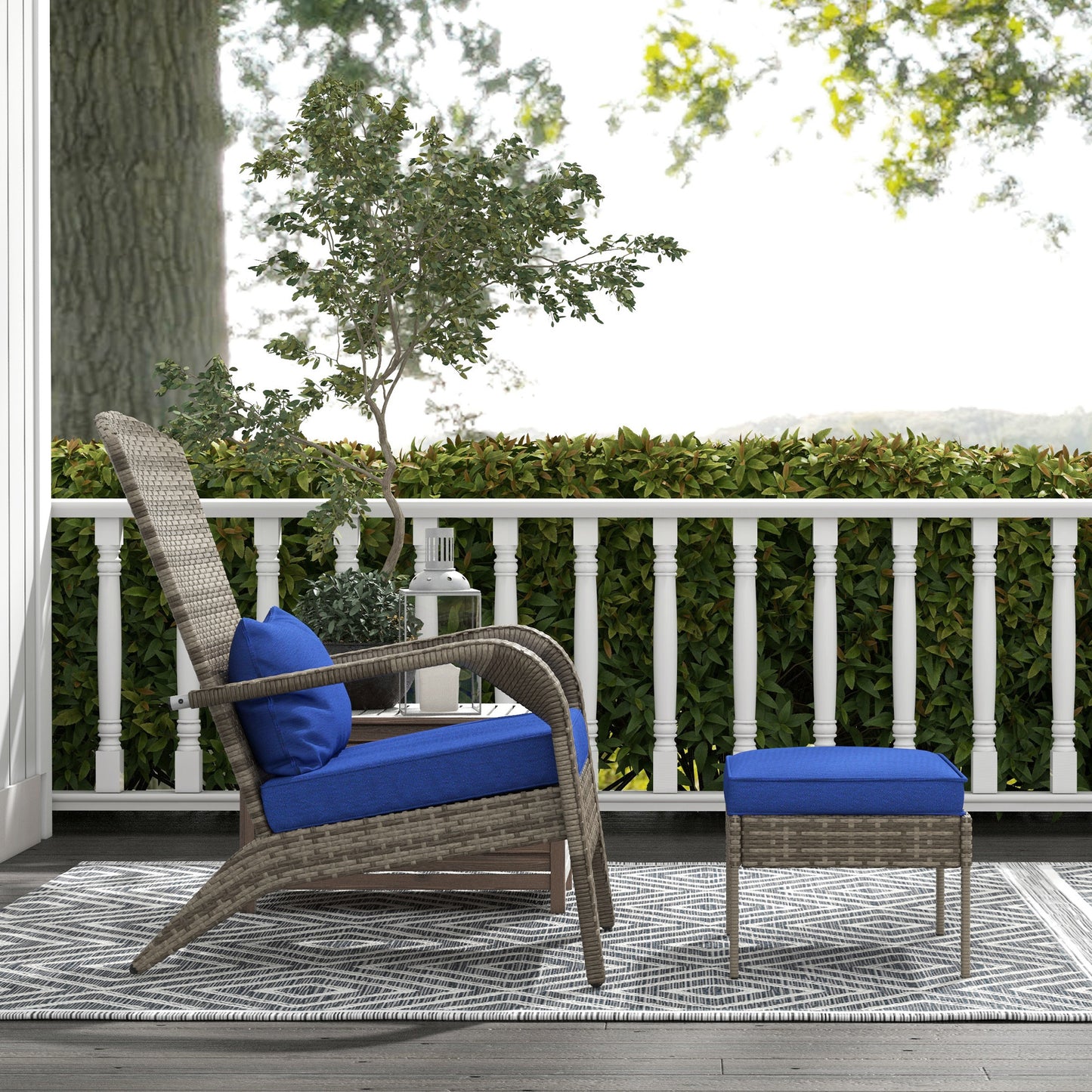Wicker Adirondack Chair with Ottoman & Cushions - Blue