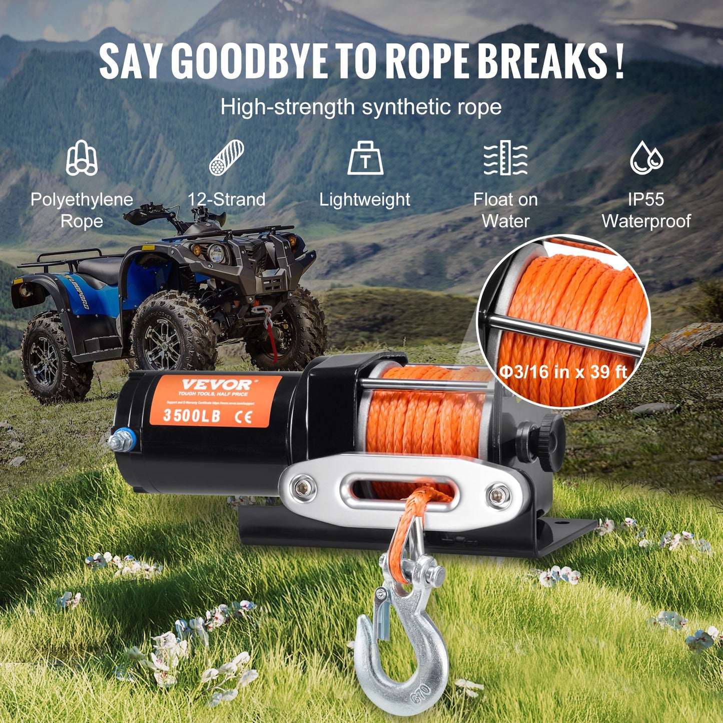 3500Lb Waterproof Electric Winch for ATV UTV Off-Road Recovery with Synthetic Rope