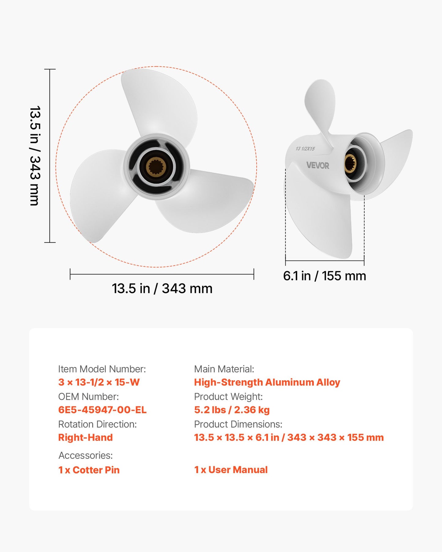 Outboard Boat Propeller 3-Blade RH Aluminum Fit Yamaha 60-130 HP Replacement