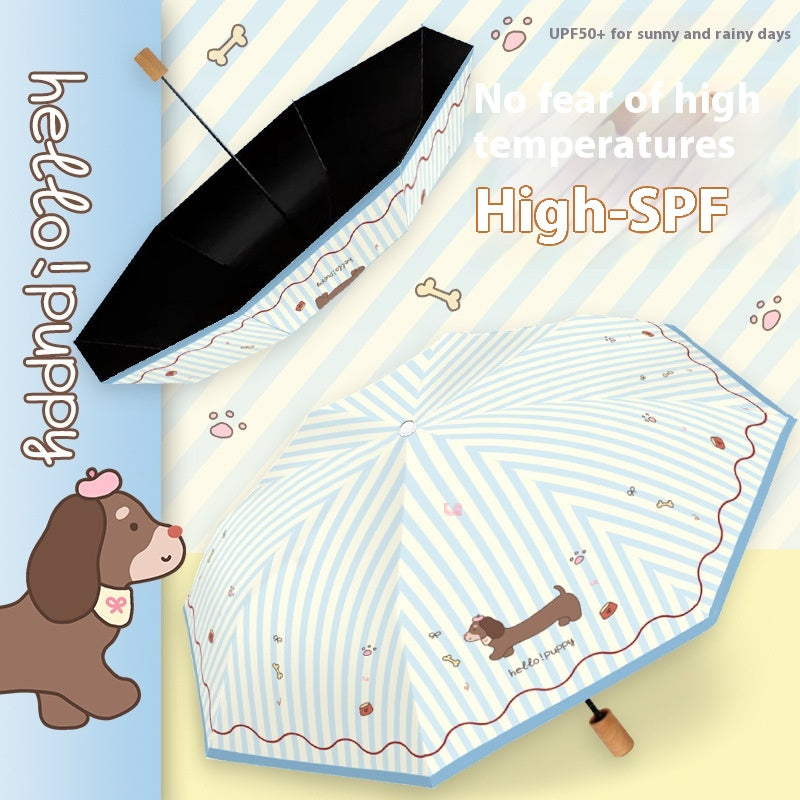 Triple Folding Sun Umbrella with Cartoon Sausage Dog Pattern - UV & Sunproof