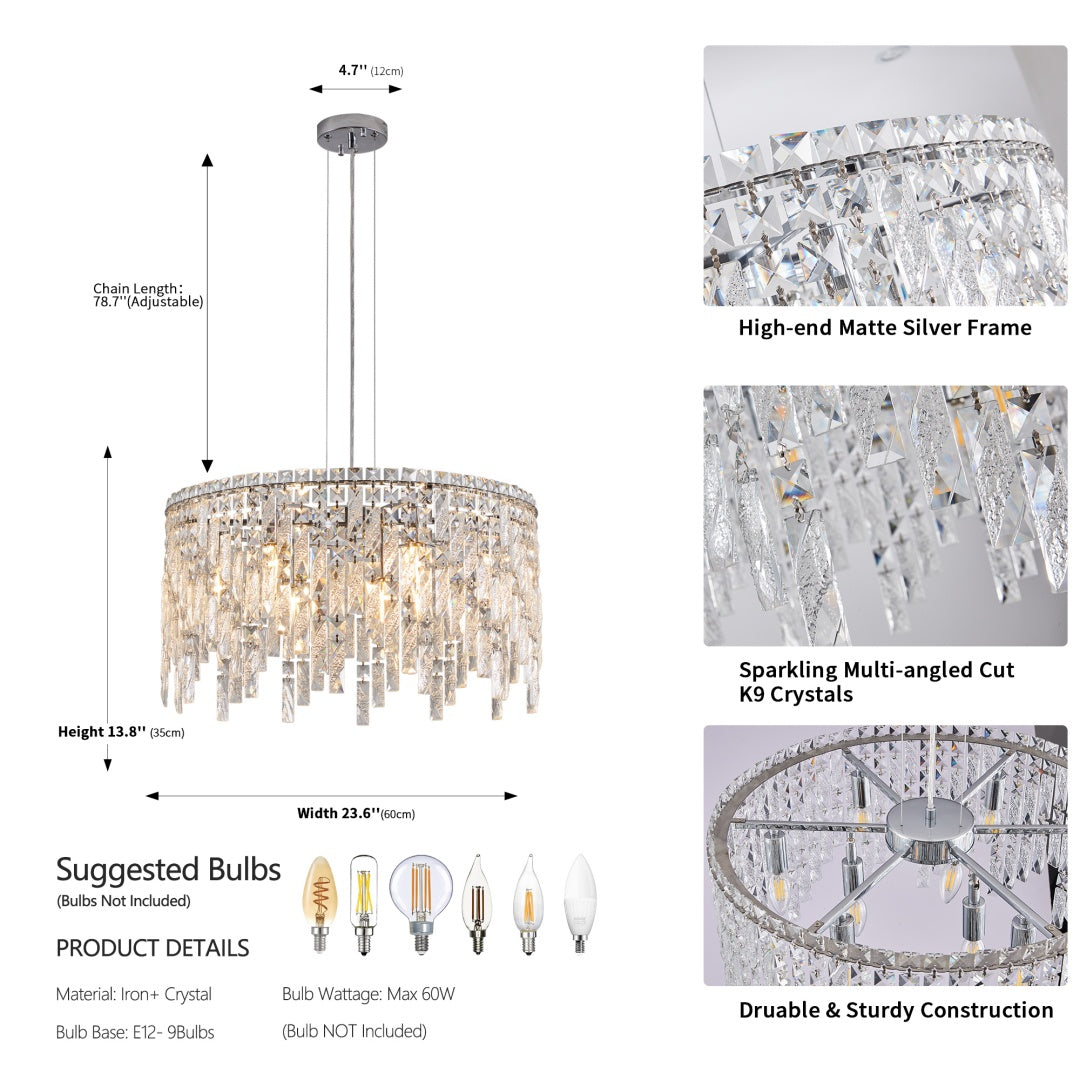Elegant Round Crystal Chandelier - 23.6 Inch Pendant Light Fixture