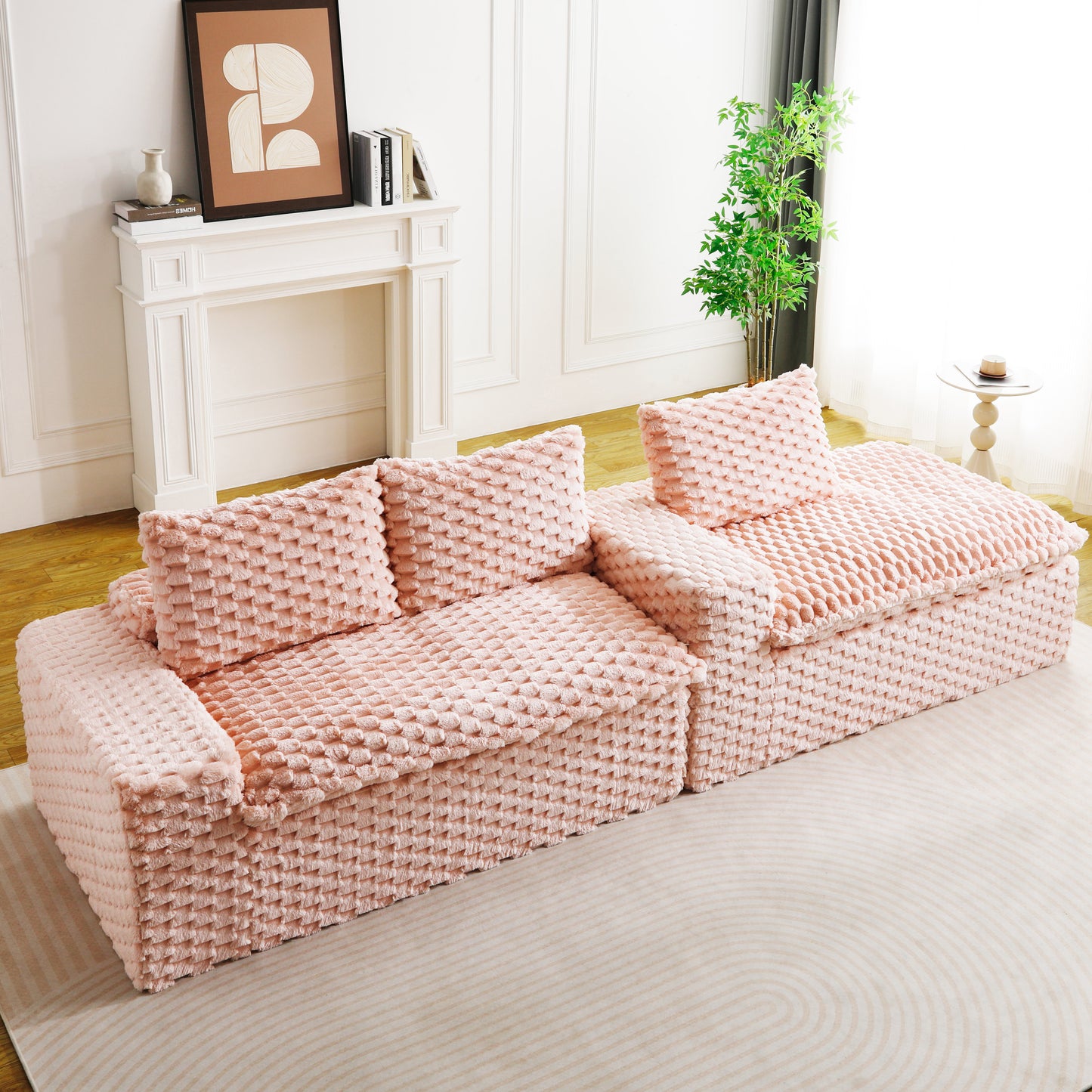 Convertible Pink Velvet Sofa with Chaise Lounge - Twin-Seat